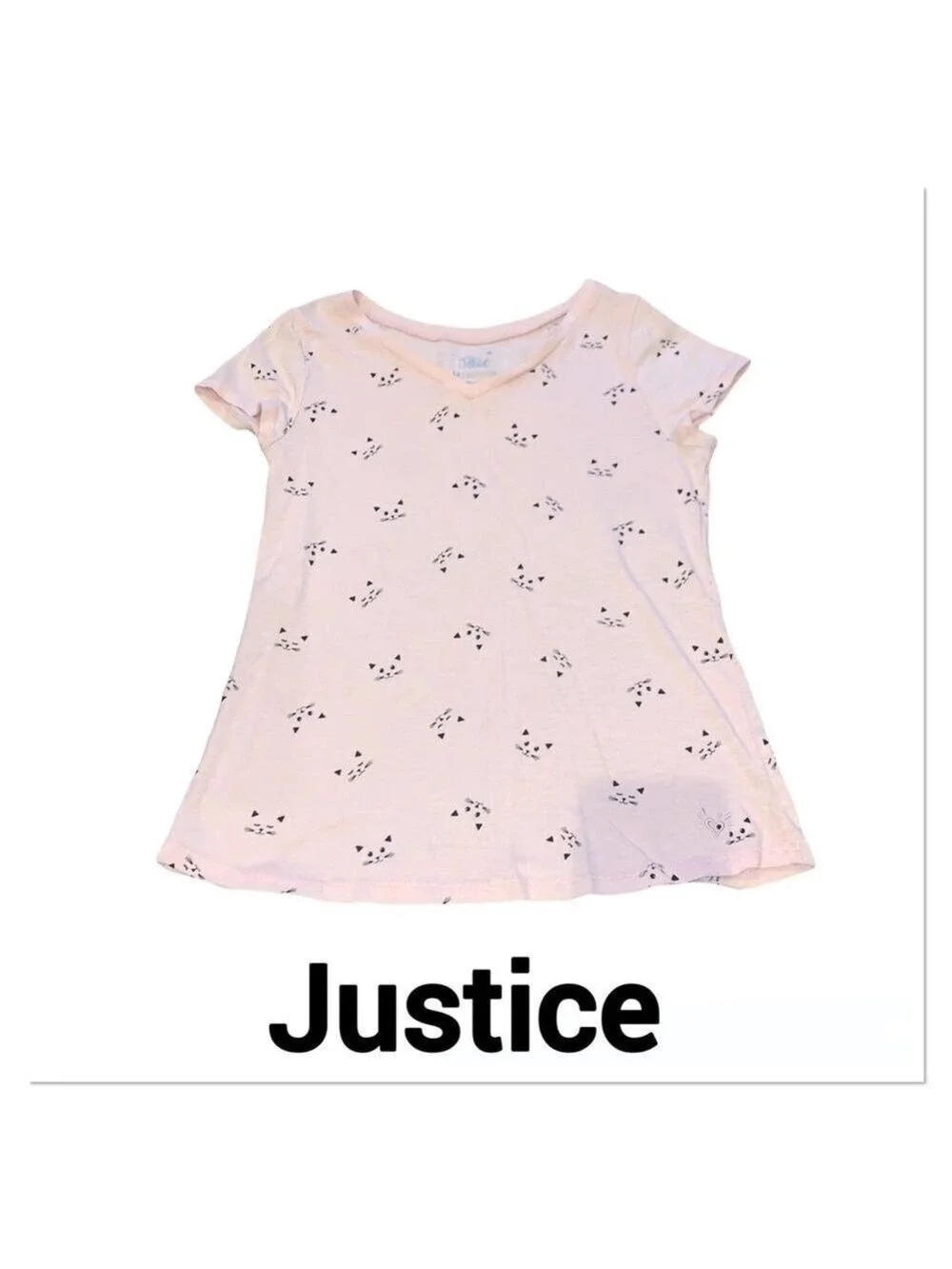 JUSTICE Pink Cat Print V Neck T-shirt size 14